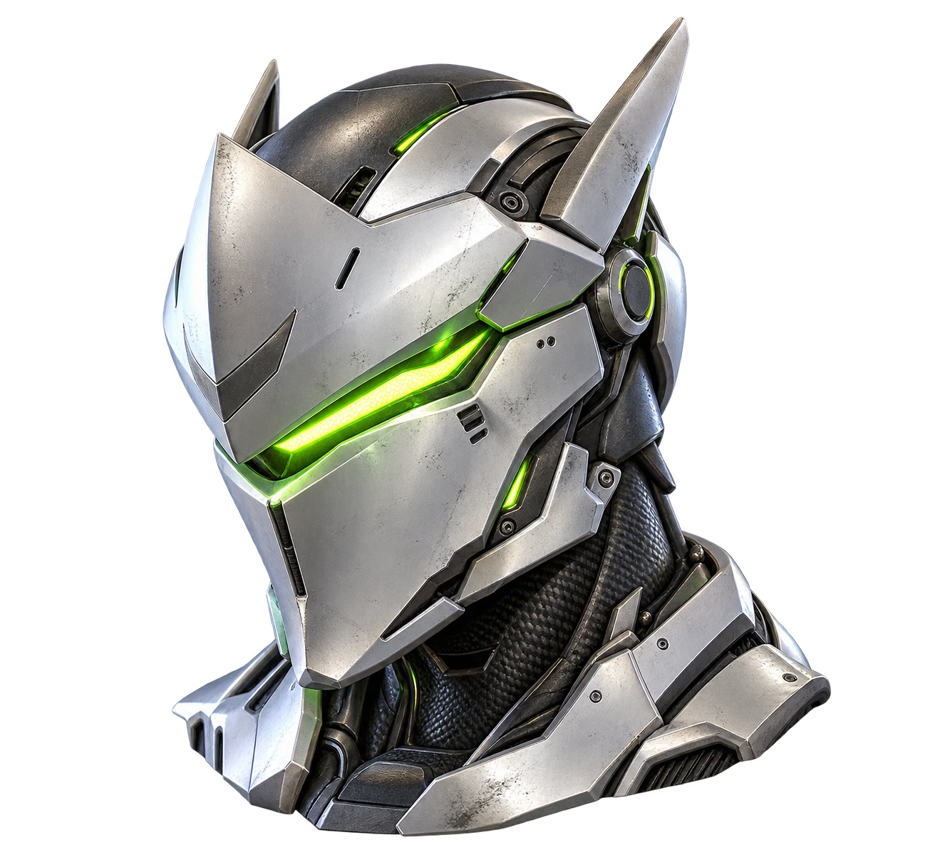 A detailed silver Genji cyber-ninja helmet with an illuminated emerald visor